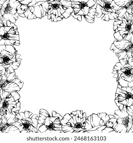 Dibujado a mano Vector gráfico ilustración botánica flores hojas. Papaver de amapola roja, subgrupos brotes vainas de semillas. Marco de borde aislado sobre fondo blanco. Diseño de bodas, tarjetas, papelería del día del recuerdo.