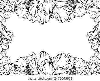 Hand drawn vector graphic botanical illustration flowers leaves. Red poppy papaver, stems buds seedpods. Border frame isolated on white background. Design wedding, cards, remembrance day stationery.