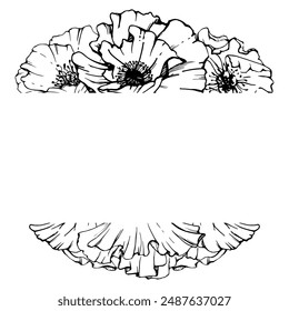 Hand drawn vector graphic botanical illustration flowers leaves. Red poppy papaver, stems buds seedpods. Border frame isolated on white background. Design wedding, cards, remembrance day stationery.