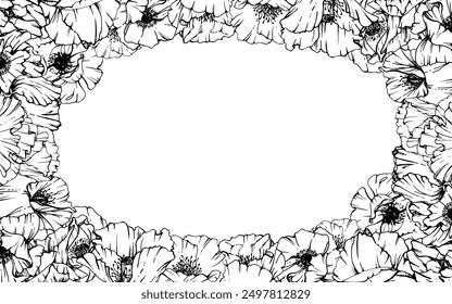 Dibujado a mano Vector gráfico ilustración botánica flores hojas. Papaver de amapola roja, brotes de subgrupos y vainas. Marco de borde aislado sobre fondo blanco. Diseño de bodas, tarjetas, recuerdo de día de papelería.