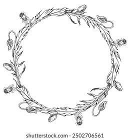 Dibujado a mano Vector gráfico ilustración botánica flores hojas. Papaver de amapola roja, brotes de subgrupos y vainas. Marco de la corona aislado fondo blanco. Diseño de bodas, tarjetas de amor, día de recuerdo de papelería