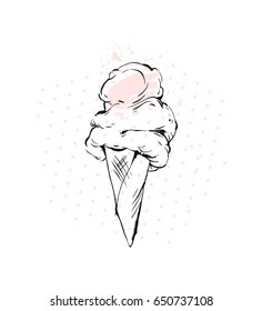 Hand drawn vector graphic brush drawing Ice cream cone in pastel colors with polka dot and freehand textures isolated on white background.Menu,kids party,sweet shop,ice cream sundae