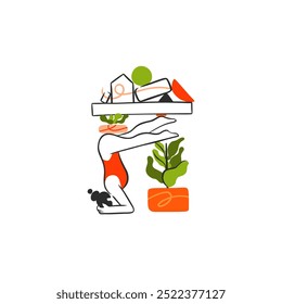 Hand drawn vector graphic cartoon line illustration with woman does yoga and keeps her life in balance. Multitasking skills, effective time management and productivity concept