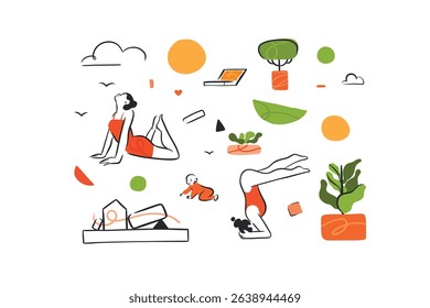 Hand drawn vector graphic cartoon line illustration with woman does yoga and keeps her life in balance. Multitasking mother with baby child meditating in harmony. Business mother life concept