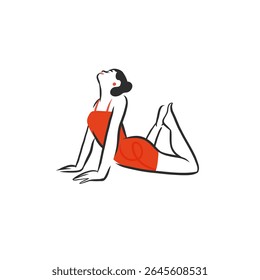 Hand drawn vector graphic cartoon line illustration with woman does yoga and keeps her life in balance. Female meditating in harmony. Healthy life concept.