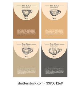 Hand drawn vector graphic cups isolated on colorful background, ink sketch japanese dishware, decorative frame, designed template cards for tea coffee party, packaging invitation, elegance label
