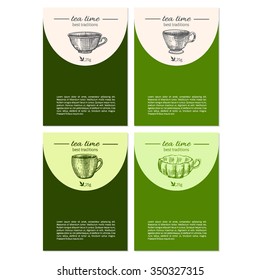 Hand drawn vector graphic cups isolated on colorful background, ink sketch japanese dishware, decorative frame, designed template cards for tea coffee party, packaging invitation, elegance label
