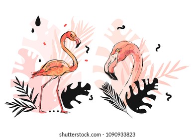 Hand drawn vector graphic freehand textured sketch pink flamingo and tropical palm leaves 