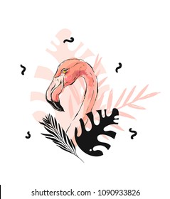 Hand drawn vector graphic freehand textured sketch pink flamingo and tropical palm leaves 