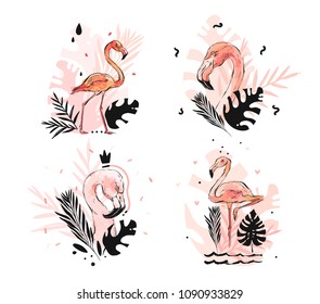 Hand drawn vector graphic freehand textured sketch pink flamingo and tropical palm leaves 
