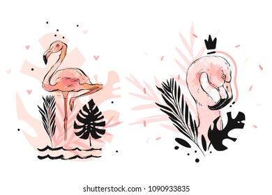 Hand drawn vector graphic freehand textured sketch pink flamingo and tropical palm leaves 