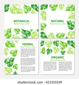 Hand drawn vector graphic green leaves isolated on white, Set of 4 eco square cards, banners with designed frame and text, template perfect for cosmetic,beauty salon, store natural and organic product