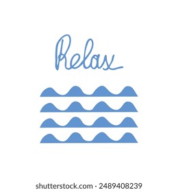 Hand drawn vector graphic illustration of waves, lettering Relax on white background. Handwritten calligraphy design.