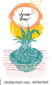 Hand drawn vector graphic illustration of pineapple floating in lifebuoy in ocean waves.Pineapple card on white background with place for your text.Summer beach background.