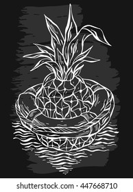 Hand drawn vector graphic illustration of pineapple floating in lifebuoy in ocean waves.Black and white illustration of tropical exotic fruit.Beach background.Design for summer card template,sign