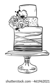 Hand drawn vector graphic illustration of big wedding cake with stripes and flowers isolated on white background.Bakery icon.