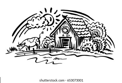 Hand drawn vector graphic illustration. Rural scene.