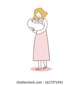 Hand drawn vector graphic illustrations of baby and mother.