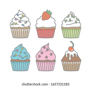 Hand drawn vector graphic illustrations of cup cake.