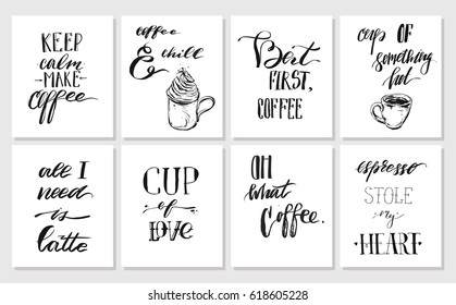 Hand drawn vector graphic ink posters or cards collection set with coffee handwritten modern calligraphy quotes isolated on white background.Design decoration for shop,stamp,logo,branding