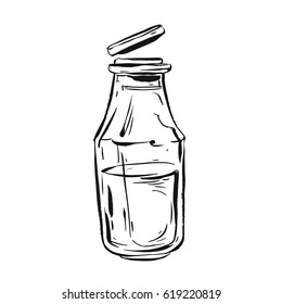 Hand drawn vector graphic ink sketch of milk in glass bottle isolated on white background.