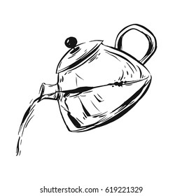 Hand drawn vector graphic ink sketch of teapot isolated on white background.Design element for shop,web,business,decoration,card,birthday,greeting,invitation.