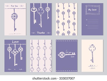 Hand drawn vector graphic keys colorful silhouette isolated on background with space for text, decorative frame, design elements for pattern, texture, greeting cards, invitations, package, cover page