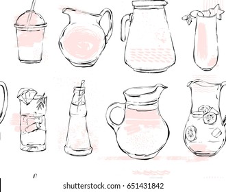 Hand drawn vector graphic Kitchen glassware utensils pitcher,bottle glasses bowel drinking accessories seamless pattern brush drawing isolated on white background 