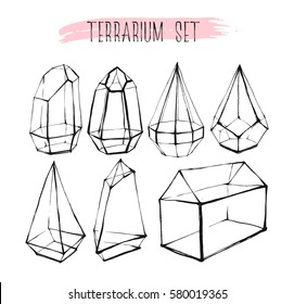 Hand drawn vector graphic line glass terrarium collection set isolated on white background.Design for gardening,decoration,interior.Save the date,wedding elements in scandinavian style.Hipster concept
