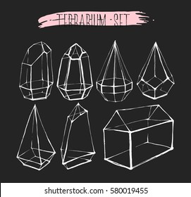 Hand drawn vector graphic line glass terrarium collection set isolated on black background.Design for gardening,decoration,interior.Save the date,wedding elements in scandinavian style.Hipster concept