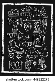 Hand drawn vector graphic lined set for card design,holiday decoration,greeting card.Illustration of cat,dog,crown,rainy cloud,vintage roller skates,cupcakes,pear,smoothie,arrows,brush,lamp,chopsticks