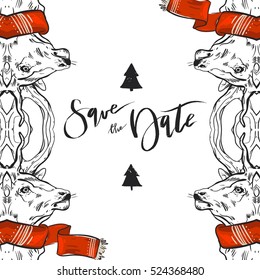 Hand drawn vector graphic Merry Christmas save the date greeting decoration cards with deers in red scarf isolated on white background.Christmas journaling design.Save the date Christmas concept.