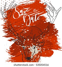 Hand drawn vector graphic Merry Christmas save the date greeting decoration card with graphic deer isolated on red background.Journaling,Birthday,wedding concept.Unusual card