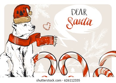Hand drawn vector graphic Merry Christmas save the date greeting decoration card with candy canes,north polar bear and handwritten modern calligraphy Dear Santa isolated on pastel background.