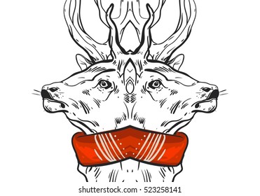 Hand drawn vector graphic mirror Christmas deer composition isolated on white background.Design for greeting card,decoration,save the date,journaling,banner,poster,print,wedding,birthday,sign,logo.