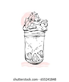 Hand drawn vector graphic Monstershake Milkshake with strawberry and cream in glass jar isolated on white background with pastel colored freehand textures.