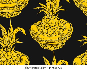 Hand drawn vector graphic pattern of swimming pineapple in life buoy.Summer seamless pattern in black and yellow colors.Exotic tropical fruit illustration.