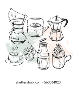 Hand drawn vector graphic realistic set with coffee design elements coffee maker,teapot,mug with whipped cream glass bottle with milk, geyser coffee and cupcakes isolated on white background.