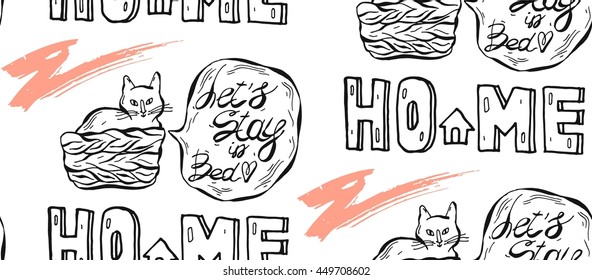 Hand drawn vector graphic seamless pattern of cat in pottle with speech bubble and let's stay in bed phrase.Design for home decor,paper,textile, pets store,wallpaper,invitation card background,vet