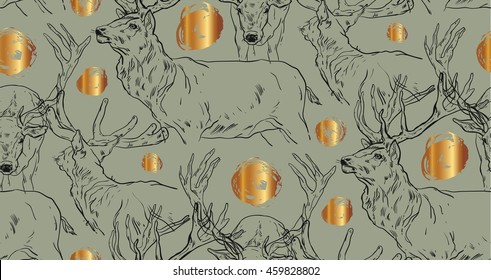 Hand drawn vector graphic seamless pattern with deers and gold snowballs.Christmas pattern.