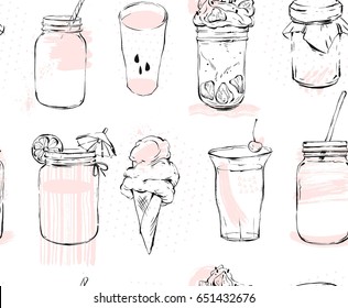 Hand drawn vector graphic seamless pattern with ice cream,glass jar,smoothie,milkshake,lemonade,jam and cocktails isolated on white background.