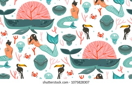 Hand drawn vector graphic summer time underwater illustration seamless pattern with coral,jellyfish and bohemian mermaid characters isolated on white background.