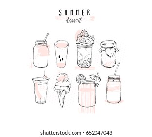 Hand drawn vector graphic summer desserts illustration set collection with lemonade,detox water,alcohol cocktail,fresh cold ice soda,fruit smoothie,ice cream,jam,milkshakei solated on white background