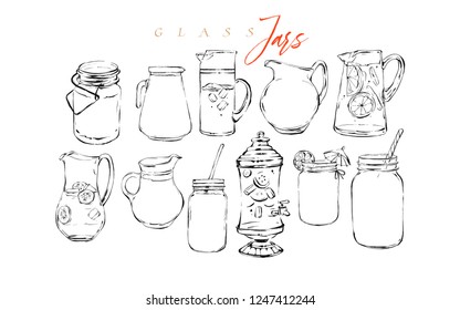 Hand drawn vector graphic textured artistic bar menu ink collection set sketch illustrations drawing bundle of organic natural lemonade cocktails drinks in glass isolated on white background