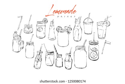 Hand drawn vector graphic textured artistic bar menu ink collection set sketch illustrations drawing bundle of organic natural lemonade cocktails drinks in glass isolated on white background