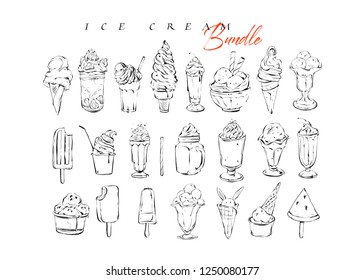 Hand drawn vector graphic textured artistic menu ink collection set sketch illustrations drawing bundle of ice cream and sweet desserts cocktails drinks in glass isolated on white background
