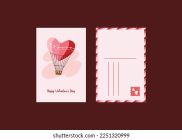 Hand drawn vector graphic Valentines day greeting post cards collection set with  pages, modern calligraphy and trendy illustrations in pink and red colors air balloon isolated on plain background