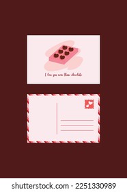 Hand drawn vector graphic Valentines day greeting post cards collection set with  pages, modern calligraphy and trendy illustrations in pink and red colors chocolate box isolated on plain background