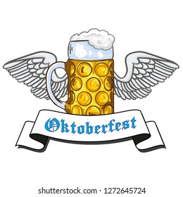 Hand drawn vector graphics of a Bavarian Oktoberfest beer with angel wings. 1 liter, golden, isolated on white blue background. bavaria flag. Oktoberfest banner.