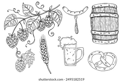 Hand drawn vector graphics  illustration with hop, malt, wooden barrel, German pretzel, German sausage, pint of beer. Oktoberfest illustration, production of Beer or Ale
